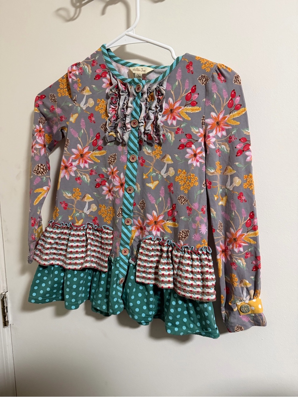Matilda Jane Girls Floral Gray Pink Yellow Ruffle cardigan